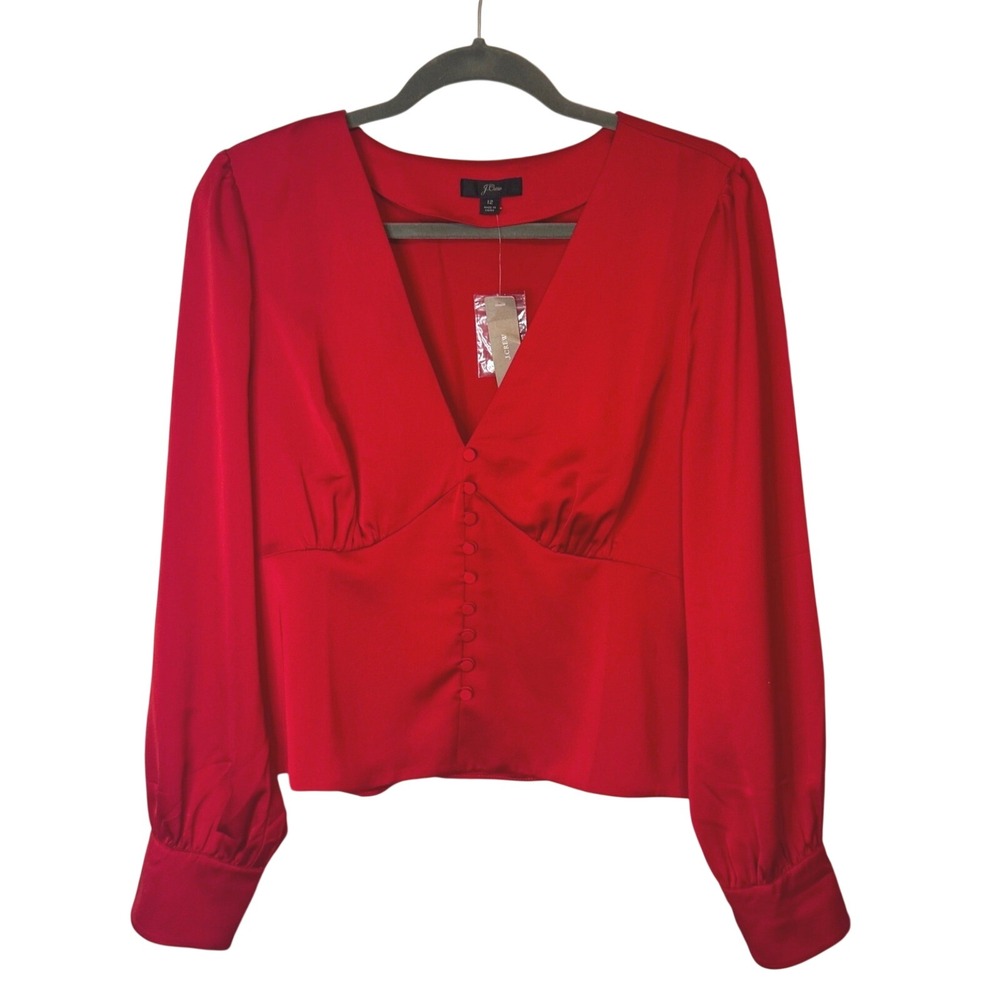 J.Crew Blouse Satin Button Front 12 Red Women V-Neck Peplum Long Sleeve Top